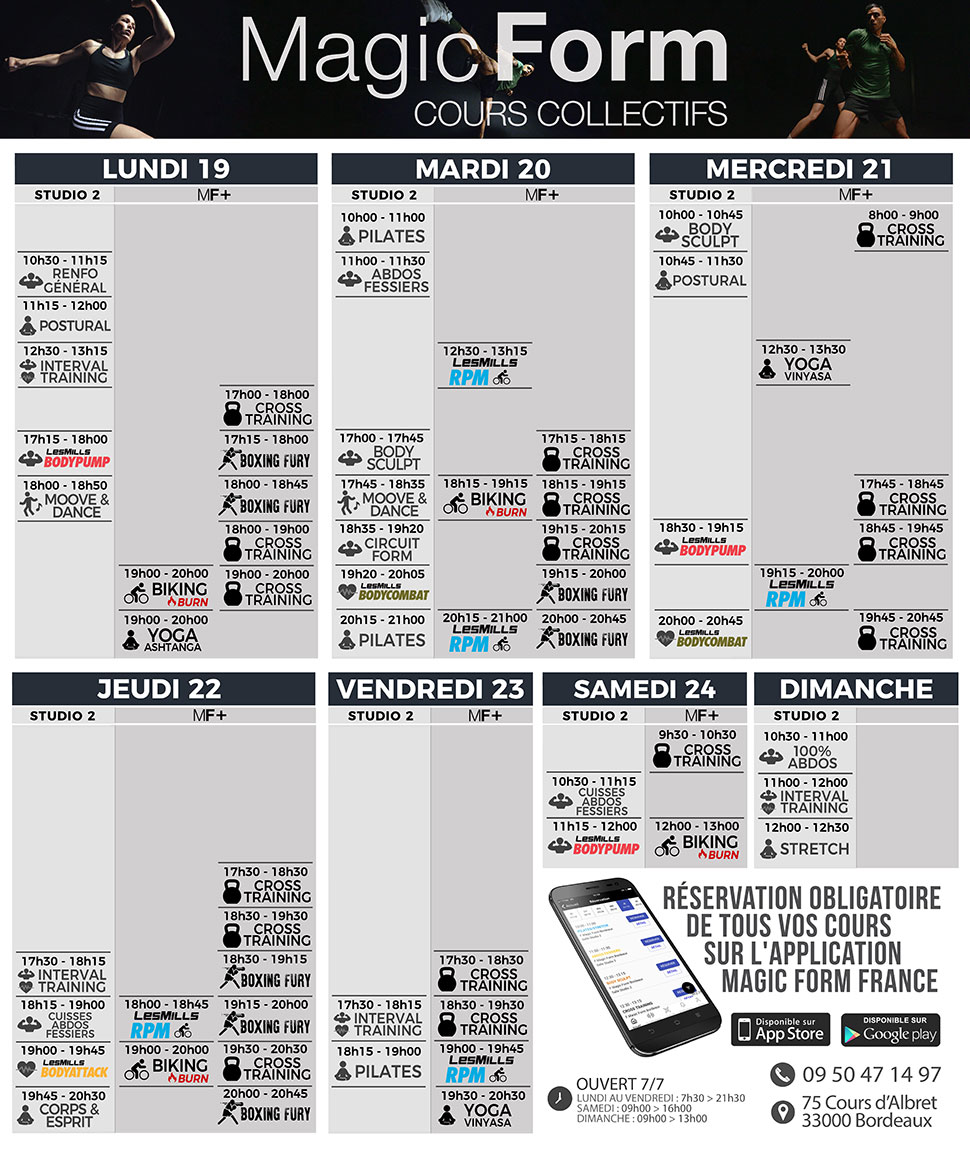 Magic Form Bordeaux Planning des Cours Collectifs Fitness à Bordeaux