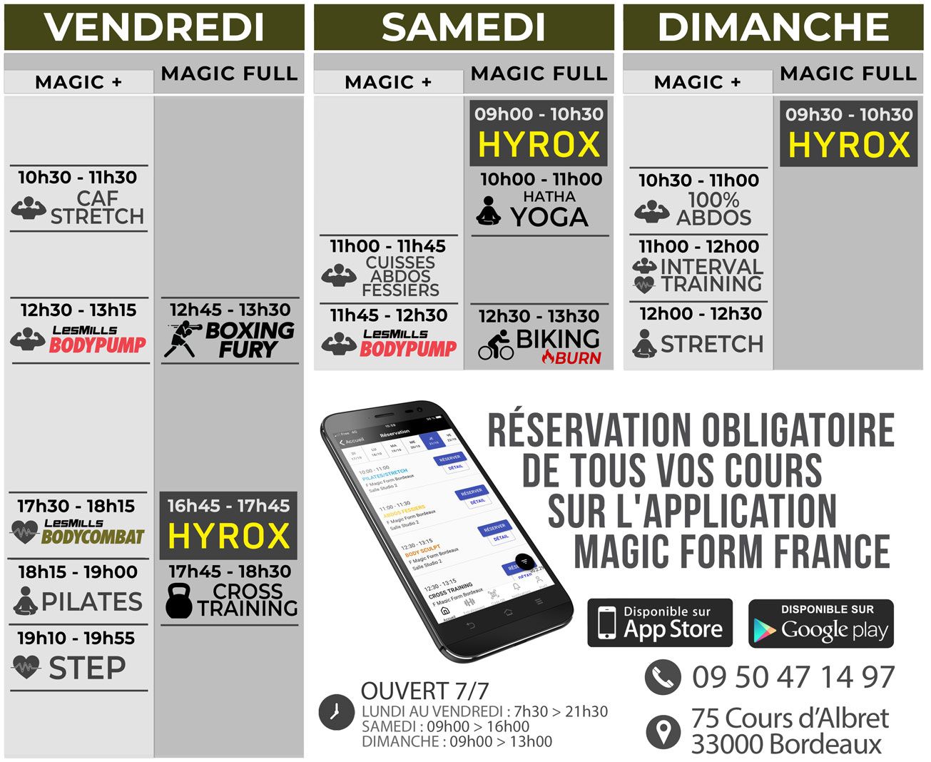 Vendredi Samedi Dimanche Planning Cours Collectif Fitness Salle de sport Bordeaux